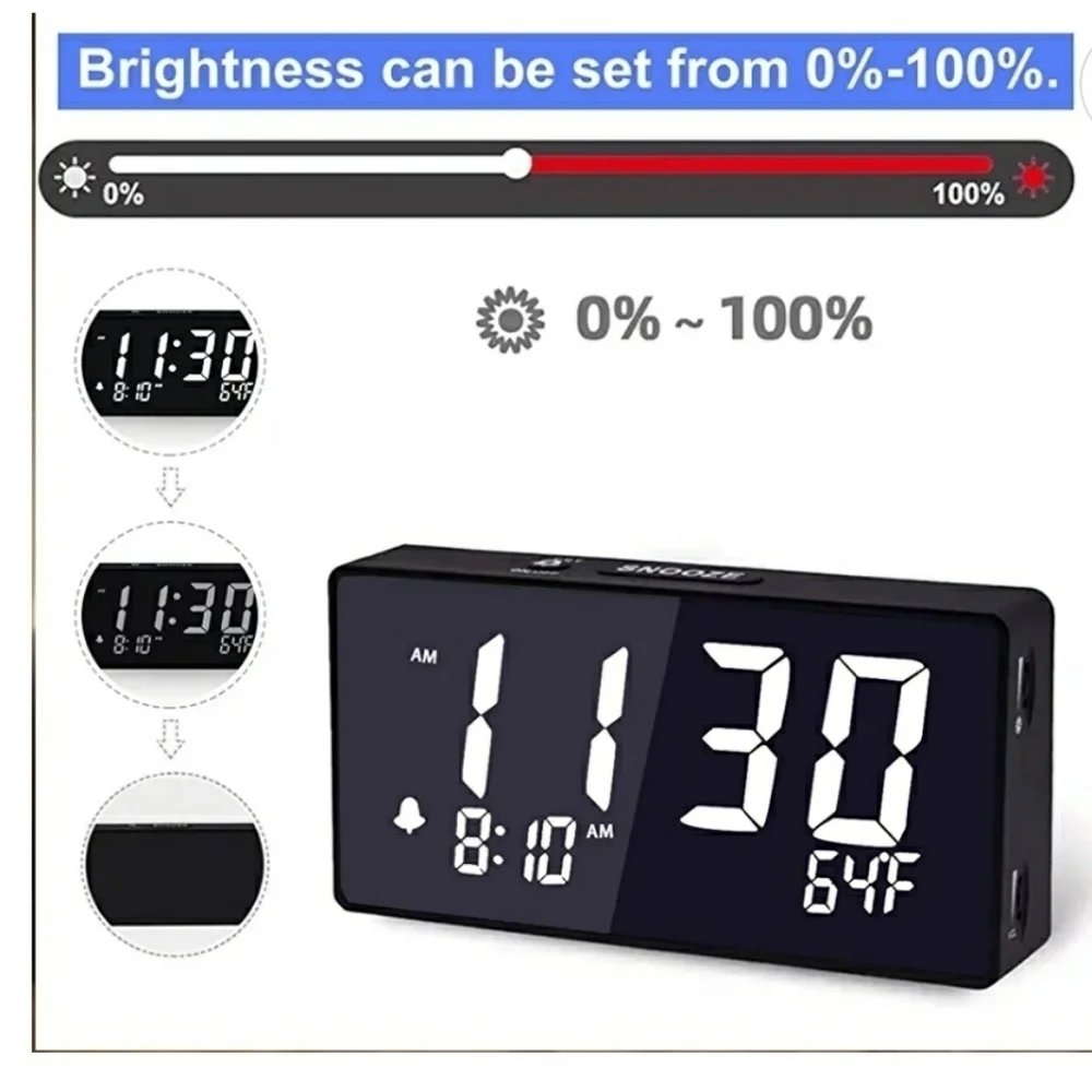DUAL ALARM CLOCK NWT Digital 24HR USB Charger Large Display Dimmable